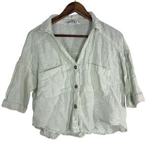 Zara Womens 100% Linen Button Up Top Sz L Cropped Beachy Breathable Cargo